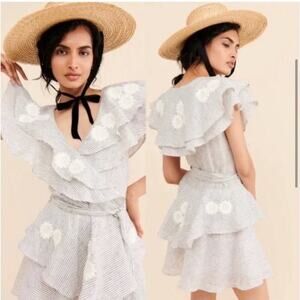 Innika Choo white black stripe floral embroidered ruffle linen dress 2 or Medium